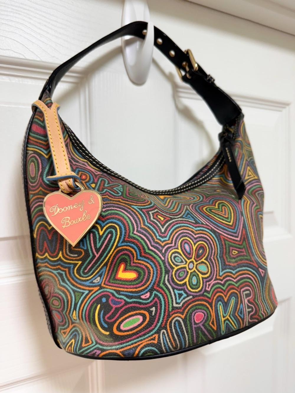 Dooney & Bourke Rainbow Graffiti Coated Canvas Hobo Shoulder Bag Vintage Y2K - Picture 3 of 13